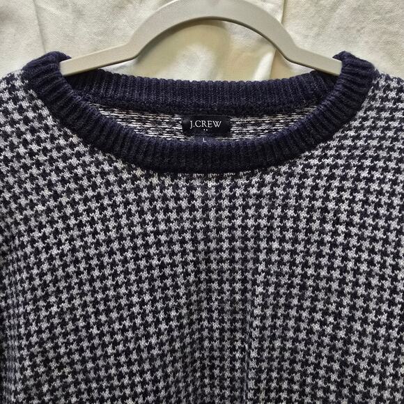 J Crew blue gray houndstooth lambs wool blend knit crewneck sweater mens large - Picture 3 of 10